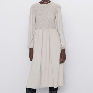 Zara Elasticized dress nude midi bloggers favorite